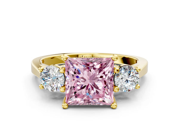 Yellow gold Fancy Pink Princess Cut Diamond Three-Stone Engagement Ring with Prong Setting and Pavé Band