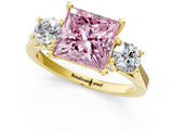 Yellow gold Fancy Pink Princess Cut Diamond Three-Stone Engagement Ring with Prong Setting and Pavé Band_1