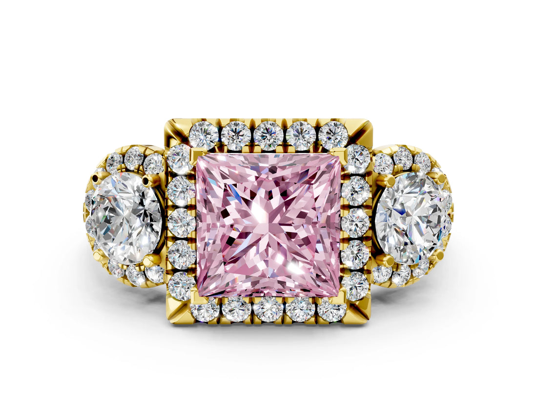 Yellow gold Fancy Pink Princess Cut Diamond Three-Stone Halo Ring with Prong Setting and Pavé Accents