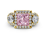 Yellow gold Fancy Pink Princess Cut Diamond Three-Stone Halo Ring with Prong Setting and Pavé Accents
