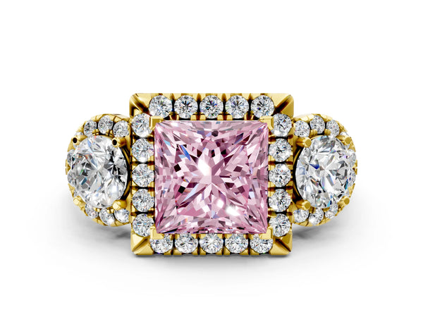 Yellow Gold Princess Cut Three Stone Halo Engagement Ring Setting for Fancy Pink Center