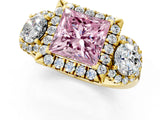 Yellow gold Fancy Pink Princess Cut Diamond Three-Stone Halo Ring with Prong Setting and Pavé Accents_1