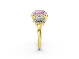 Yellow gold Fancy Pink Princess Cut Diamond Three-Stone Halo Ring with Prong Setting and Pavé Accents_2
