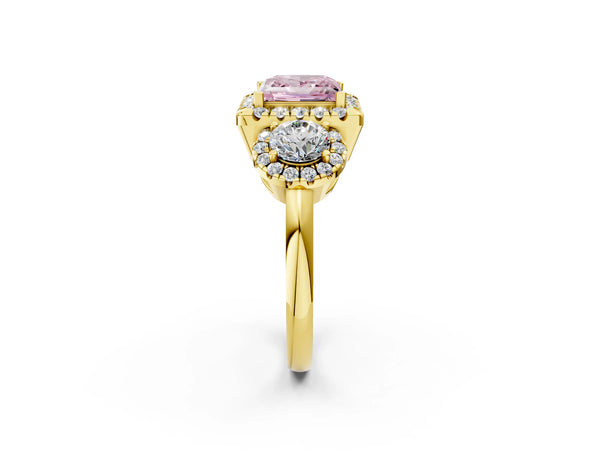 Yellow Gold Princess Cut Three Stone Halo Engagement Ring Setting for Fancy Pink Center