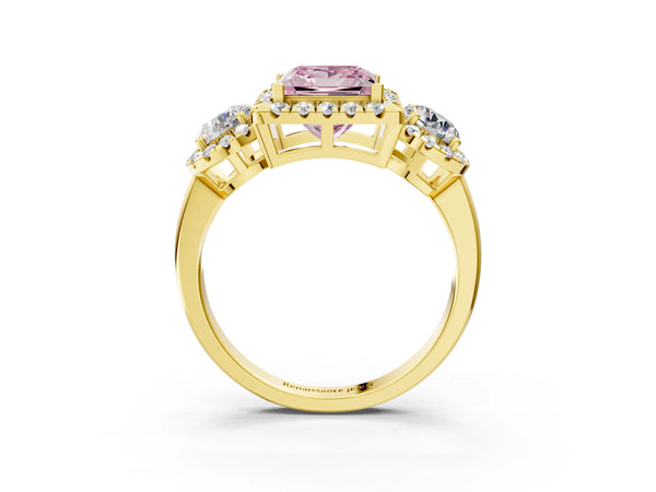 Yellow Gold Princess Cut Three Stone Halo Engagement Ring Setting for Fancy Pink Center