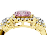 Yellow gold Fancy Pink Princess Cut Diamond Three-Stone Halo Ring with Prong Setting and Pavé Accents_4