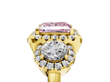 Yellow gold Fancy Pink Princess Cut Diamond Three-Stone Halo Ring with Prong Setting and Pavé Accents_5
