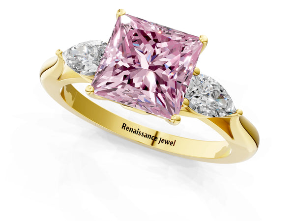 Yellow Gold Princess Cut Three Stone Pear Side Engagement Ring Setting for Fancy Pink Center