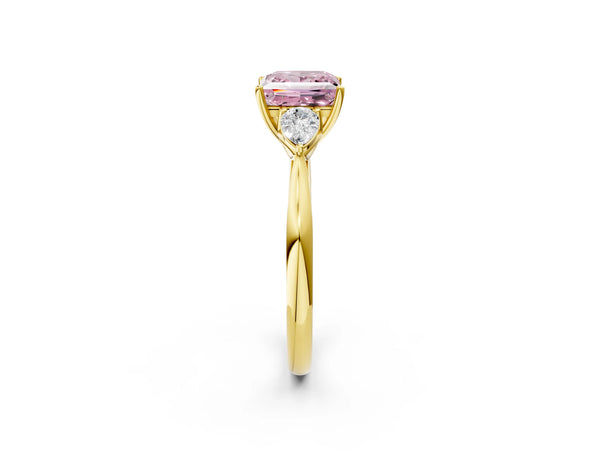 Yellow Gold Princess Cut Three Stone Pear Side Engagement Ring Setting for Fancy Pink Center