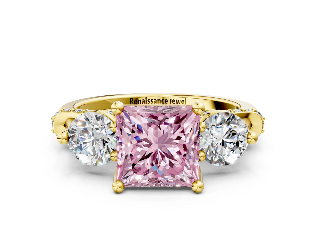 Yellow gold Fancy Pink Princess Cut Diamond Three-Stone Ring with Prong Setting and Pavé Band