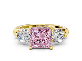 Yellow gold Fancy Pink Princess Cut Diamond Three-Stone Ring with Prong Setting and Pavé Band