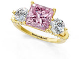 Yellow gold Fancy Pink Princess Cut Diamond Three-Stone Ring with Prong Setting and Pavé Band_1