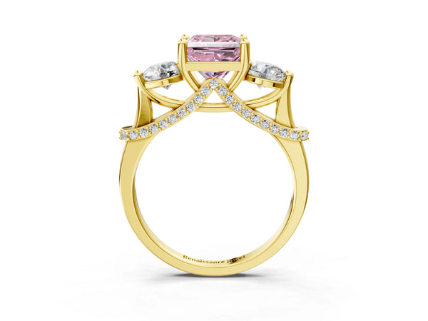 Yellow Gold Princess Cut Curved Pave Three Stone Engagement Ring Setting for Fancy Pink Center