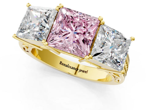Yellow gold Fancy Pink Princess Cut Diamond Three-Stone Ring with Prong Setting and Textured Band_1