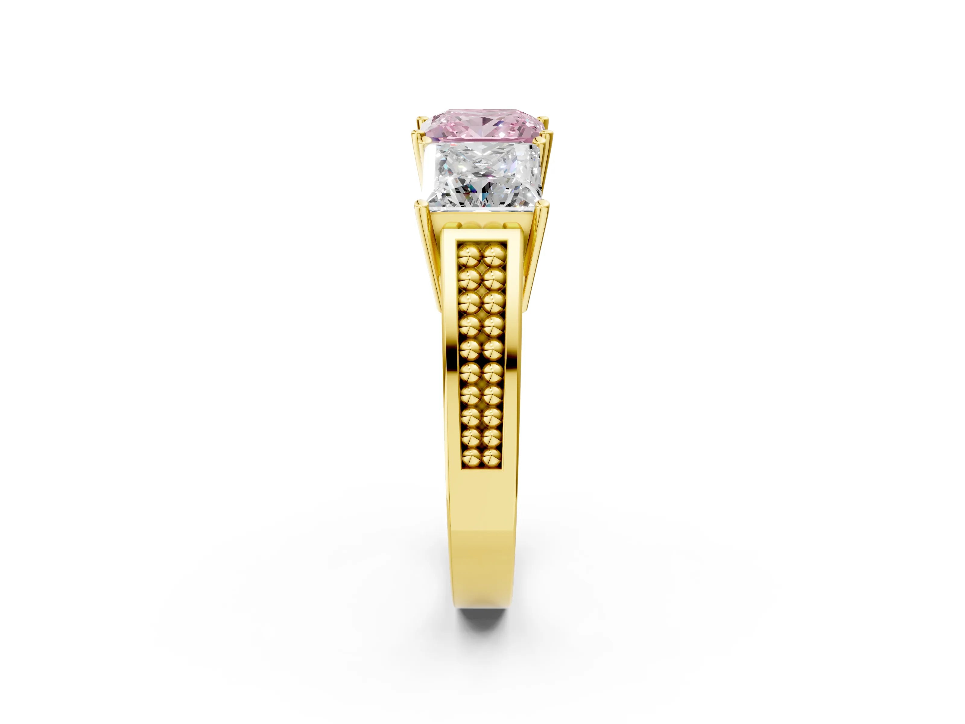 Yellow gold Fancy Pink Princess Cut Diamond Three-Stone Ring with Prong Setting and Textured Band_2