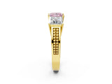 Yellow gold Fancy Pink Princess Cut Diamond Three-Stone Ring with Prong Setting and Textured Band_2