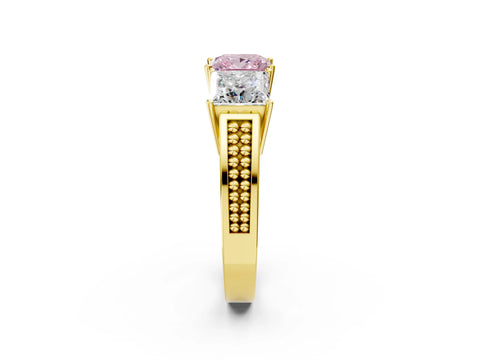 Yellow gold Fancy Pink Princess Cut Diamond Three-Stone Ring with Prong Setting and Textured Band_2