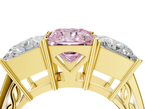 Yellow gold Fancy Pink Princess Cut Diamond Three-Stone Ring with Prong Setting and Textured Band_4