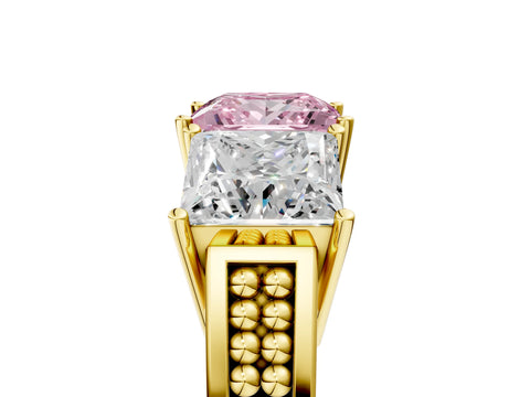 Yellow gold Fancy Pink Princess Cut Diamond Three-Stone Ring with Prong Setting and Textured Band_5