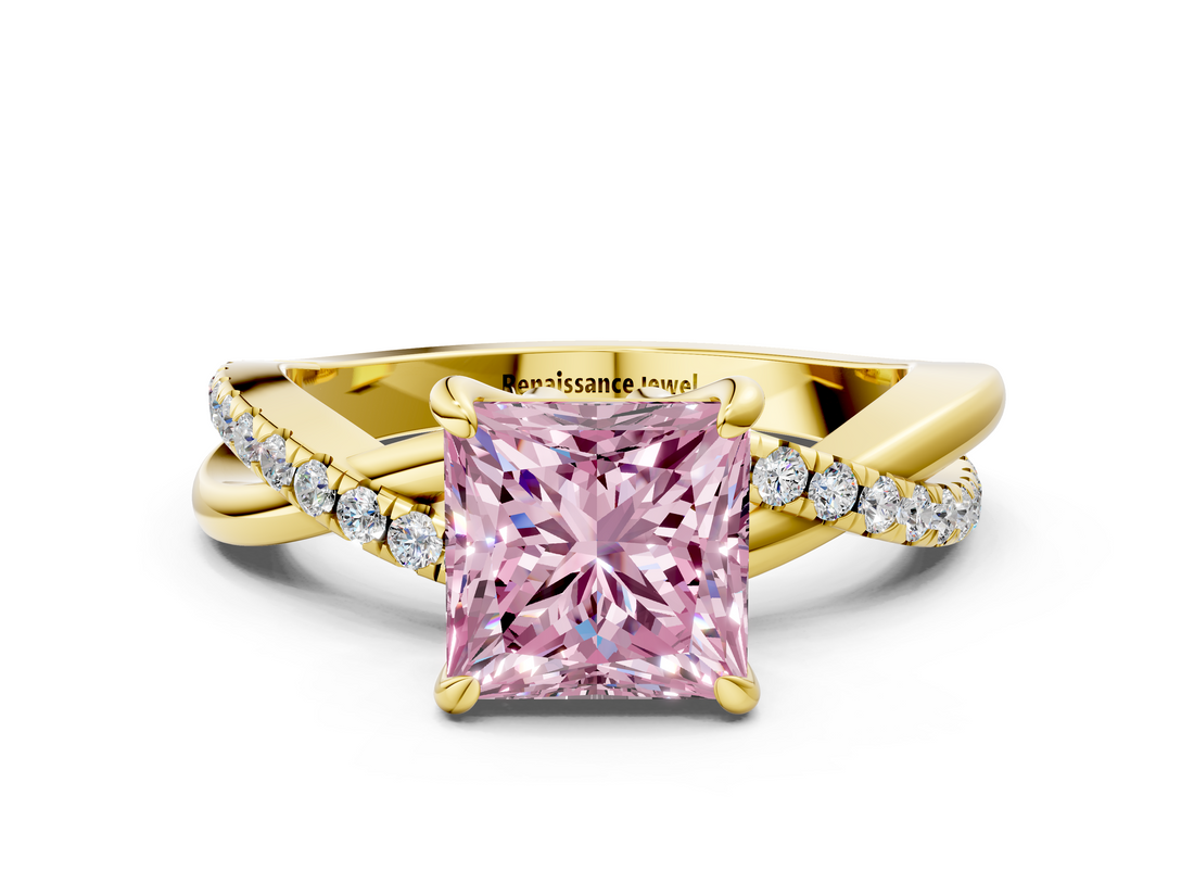 Yellow gold Fancy Pink Princess  Cut Diamond Twist Band Solitaire with Prong Setting