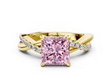 Yellow gold Fancy Pink Princess  Cut Diamond Twist Band Solitaire with Prong Setting