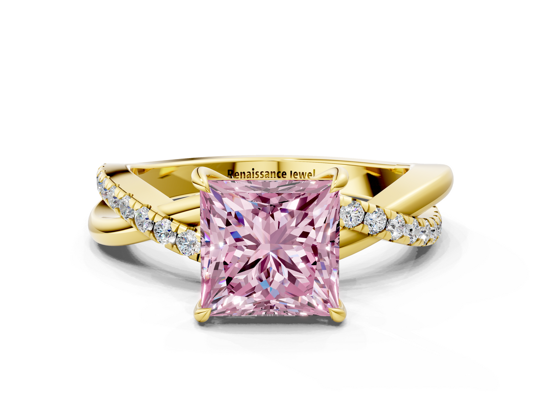 Yellow gold Fancy Pink Princess  Cut Diamond Twisted Band with Pavé Setting and Four-Prong Setting