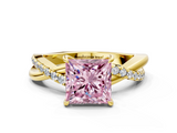 Yellow gold Fancy Pink Princess  Cut Diamond Twisted Band with Pavé Setting and Four-Prong Setting