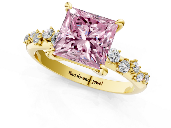 Yellow gold Fancy Pink Princess  Cut Diamond Vine Band with Four-Prong Setting