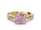 Yellow gold Fancy Pink Princess  Cut Diamond with Milgrain Marquise and Bezel Accents on a Solitaire Band with Prong Setting