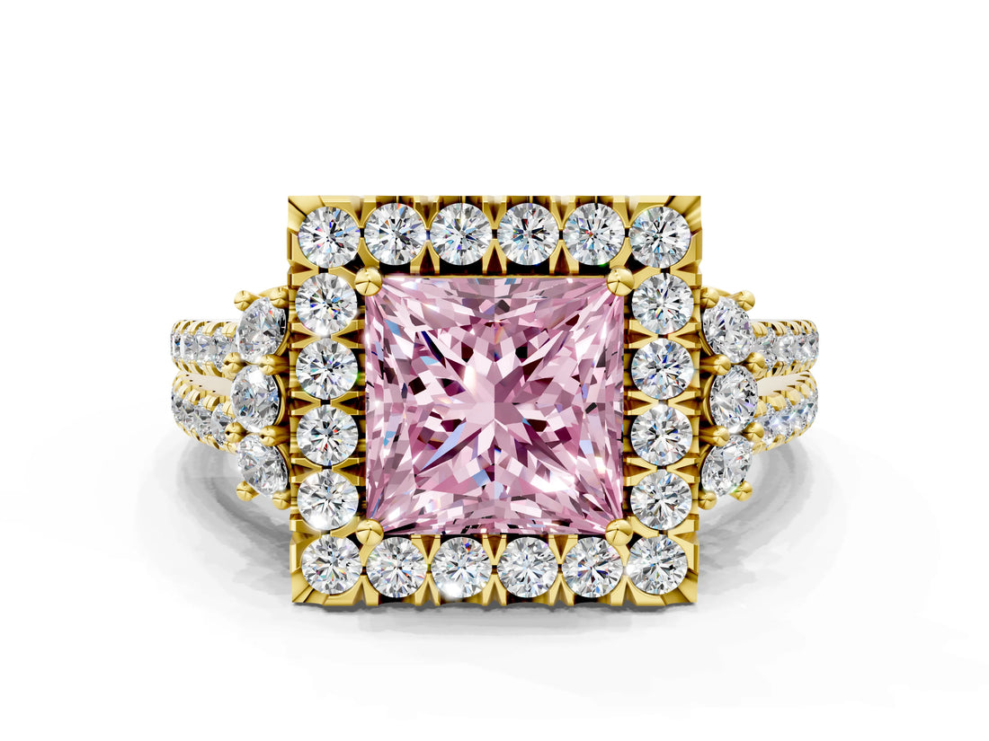 Yellow gold Fancy Pink Princess  Cut Double Halo Diamond Engagement Ring with Pave Band and Four-Prong Setting_41