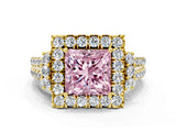Yellow gold Fancy Pink Princess  Cut Double Halo Diamond Engagement Ring with Pave Band and Four-Prong Setting_41
