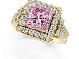 Yellow gold Fancy Pink Princess  Cut Double Halo Diamond Engagement Ring with Pave Band and Four-Prong Setting_42