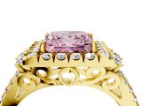 Yellow gold Fancy Pink Princess  Cut Double Halo Diamond Engagement Ring with Pave Band and Four-Prong Setting_45