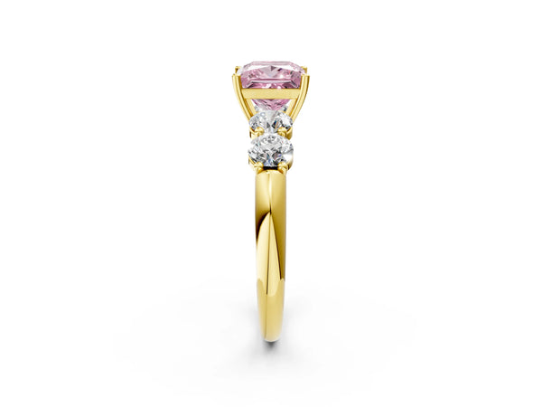 Yellow gold Fancy Pink Princess  Cut Five-Stone Prong Set Diamond Ring with Classic Band