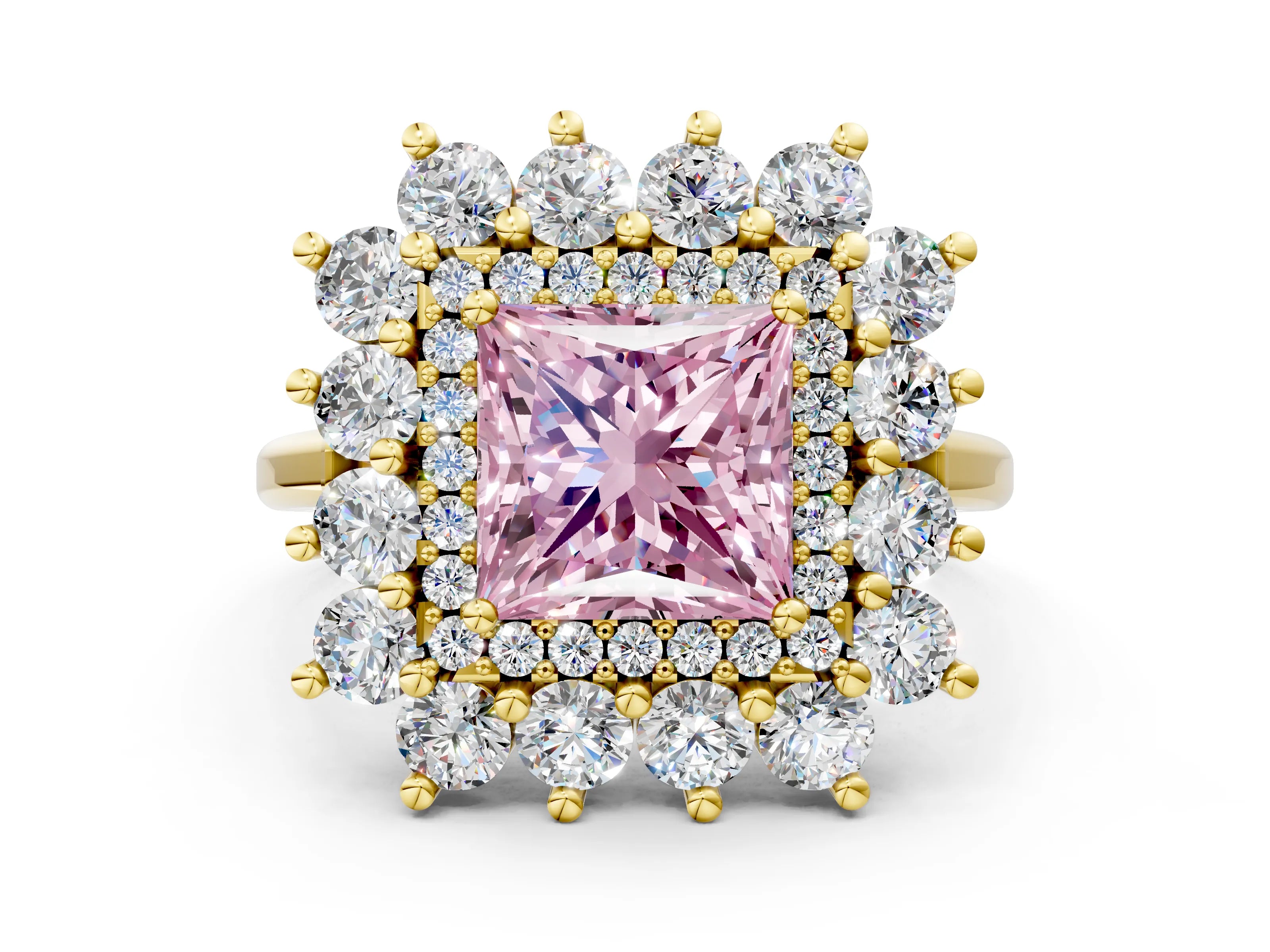 Yellow gold Fancy Pink Princess Cut Halo Cluster Diamond Ring with Pave Band and Four-Prong Setting