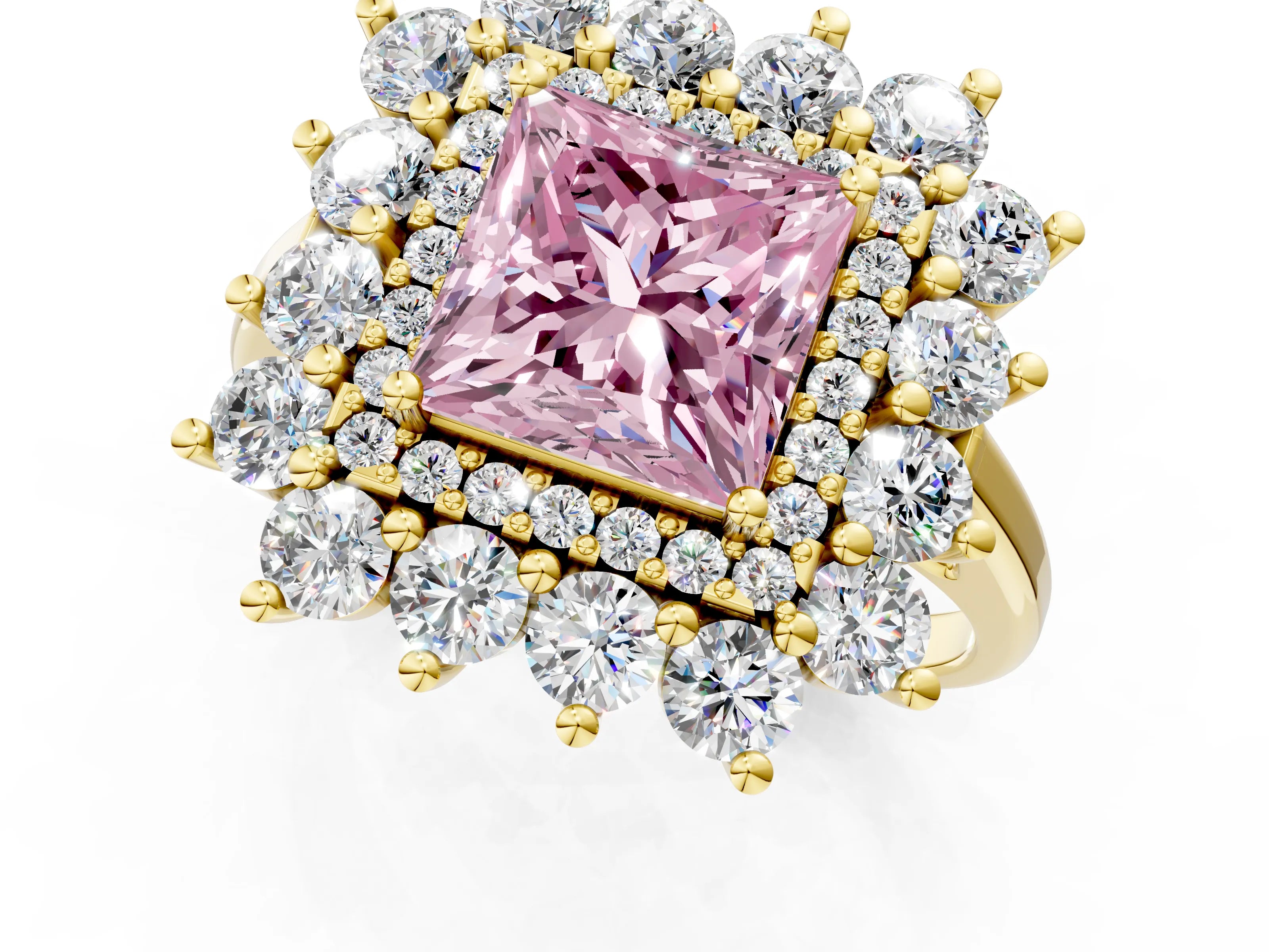Yellow gold Fancy Pink Princess Cut Halo Cluster Diamond Ring with Pave Band and Four-Prong Setting_1