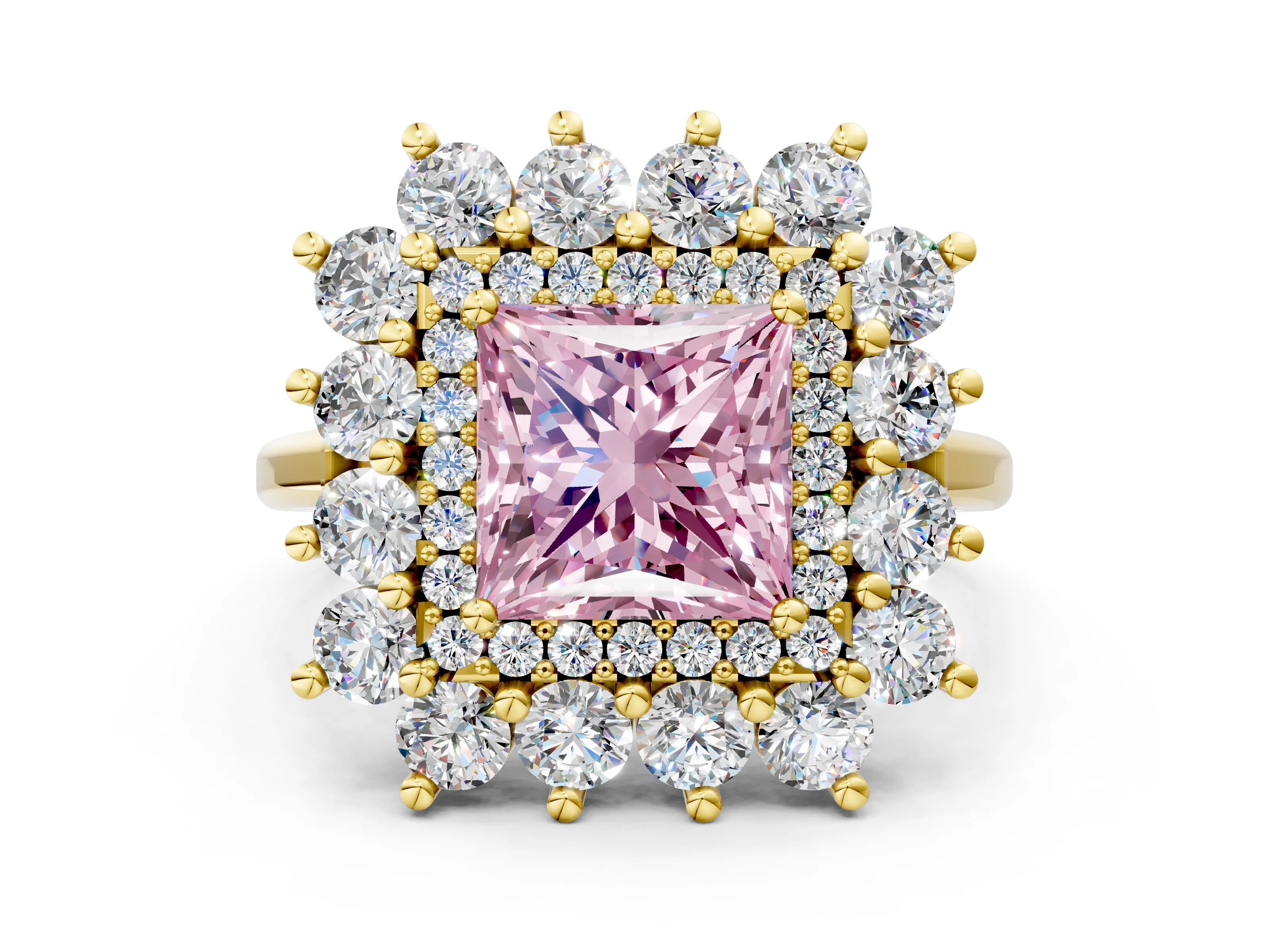Yellow gold Fancy Pink Princess Cut Halo Cluster Diamond Ring with Pave Band and Four-Prong Setting_12