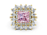 Yellow gold Fancy Pink Princess Cut Halo Cluster Diamond Ring with Pave Band and Four-Prong Setting_12