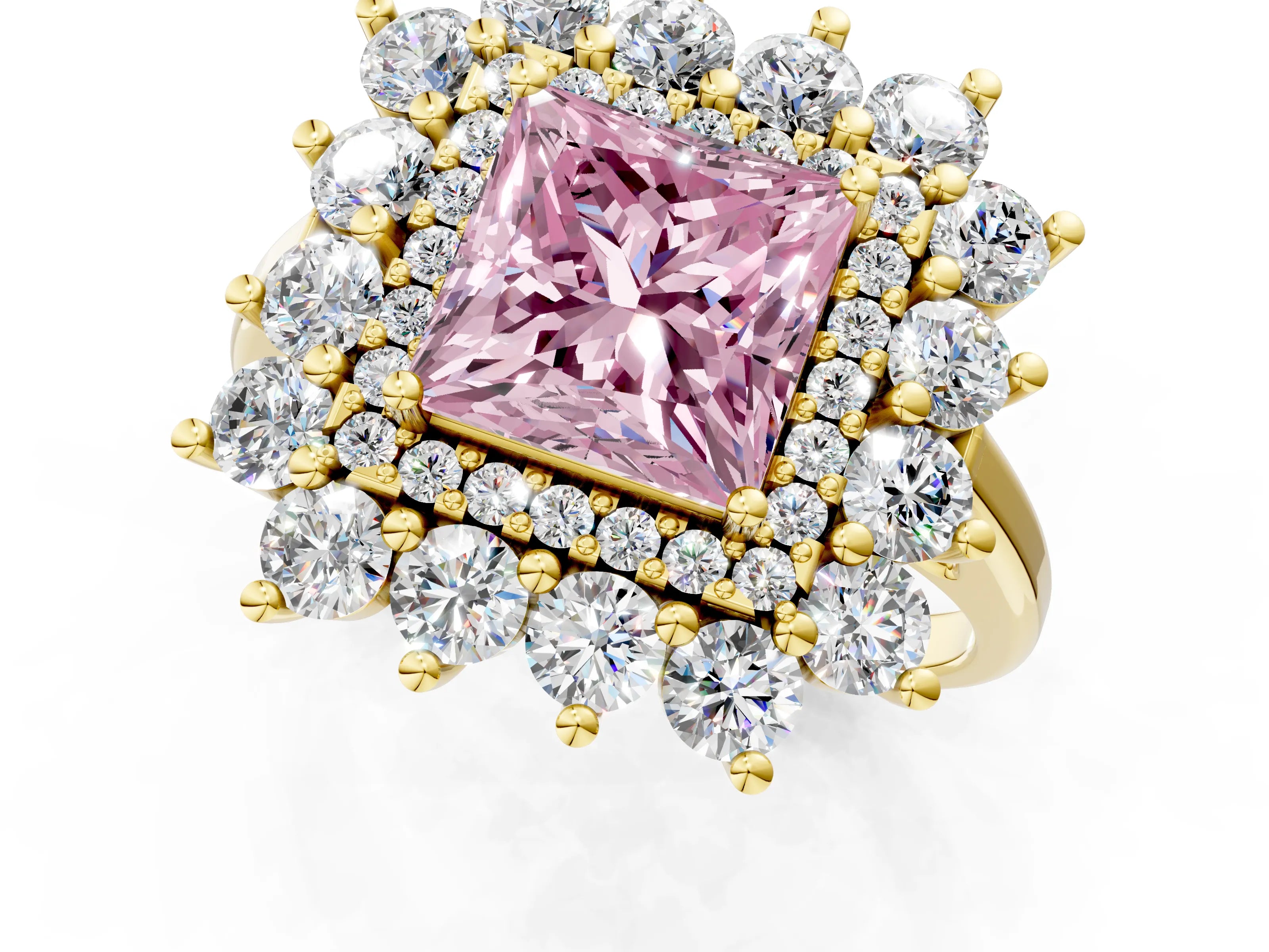 Yellow gold Fancy Pink Princess Cut Halo Cluster Diamond Ring with Pave Band and Four-Prong Setting_13