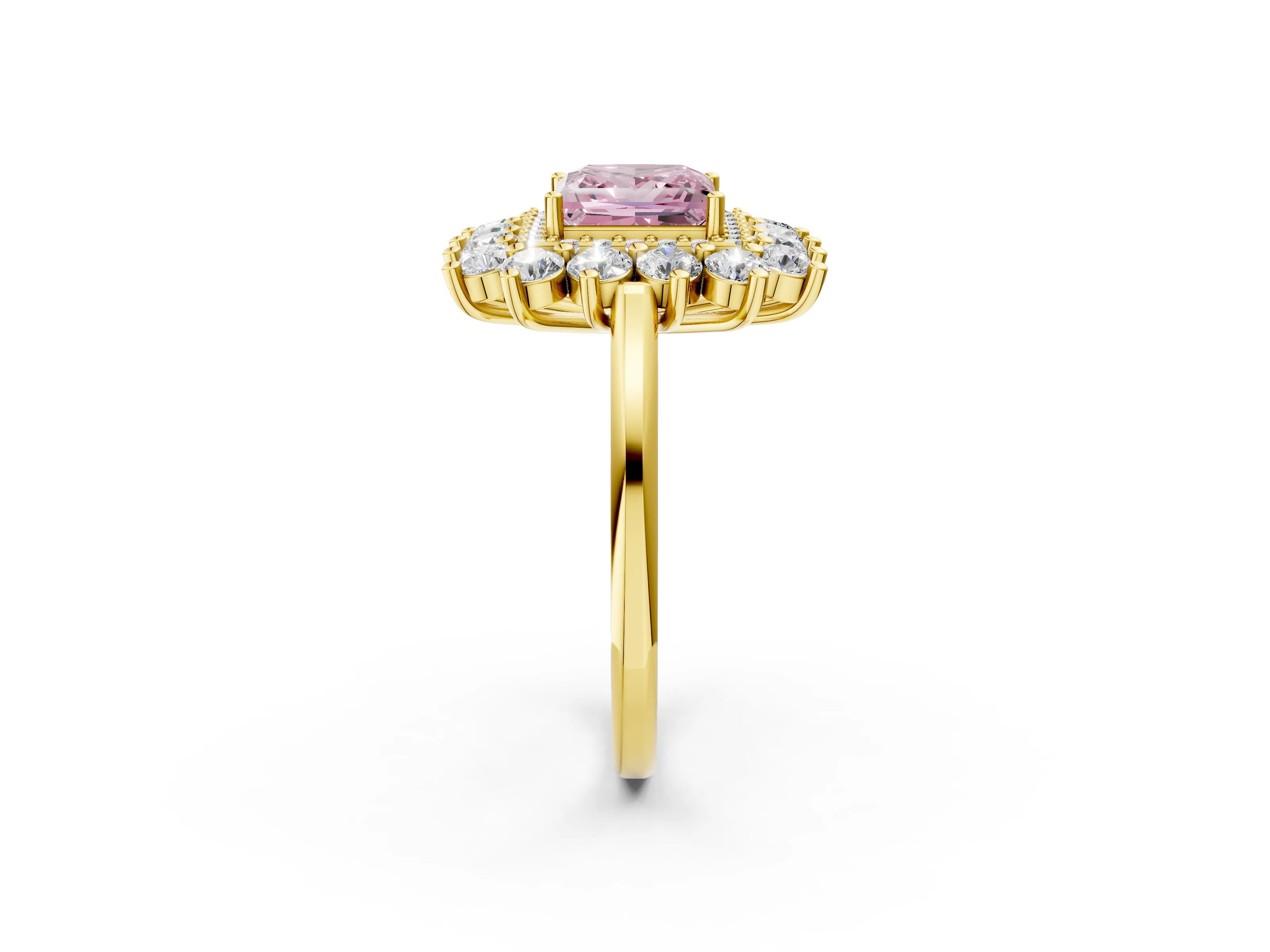Yellow gold Fancy Pink Princess Cut Halo Cluster Diamond Ring with Pave Band and Four-Prong Setting_14