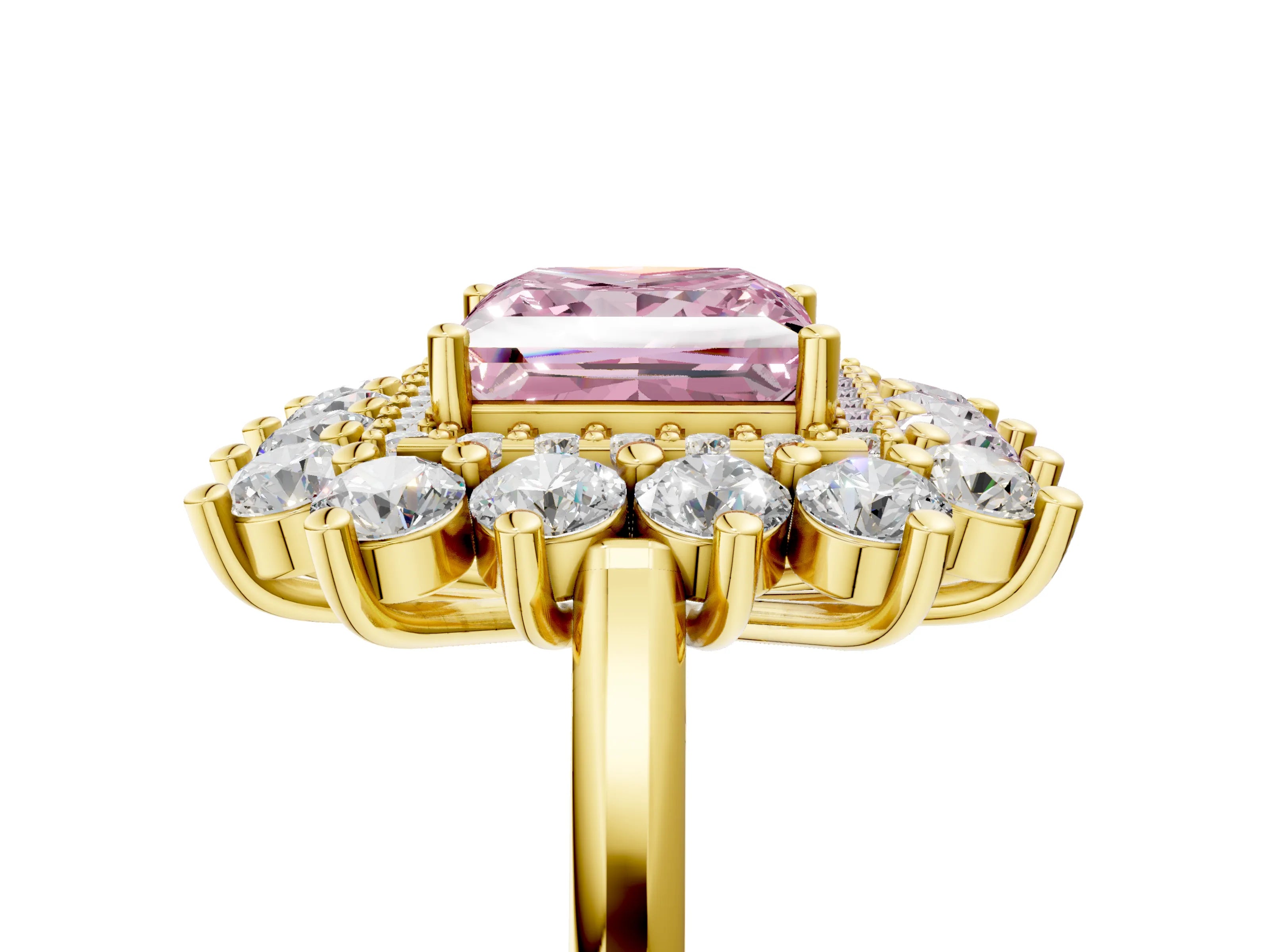 Yellow gold Fancy Pink Princess Cut Halo Cluster Diamond Ring with Pave Band and Four-Prong Setting_17