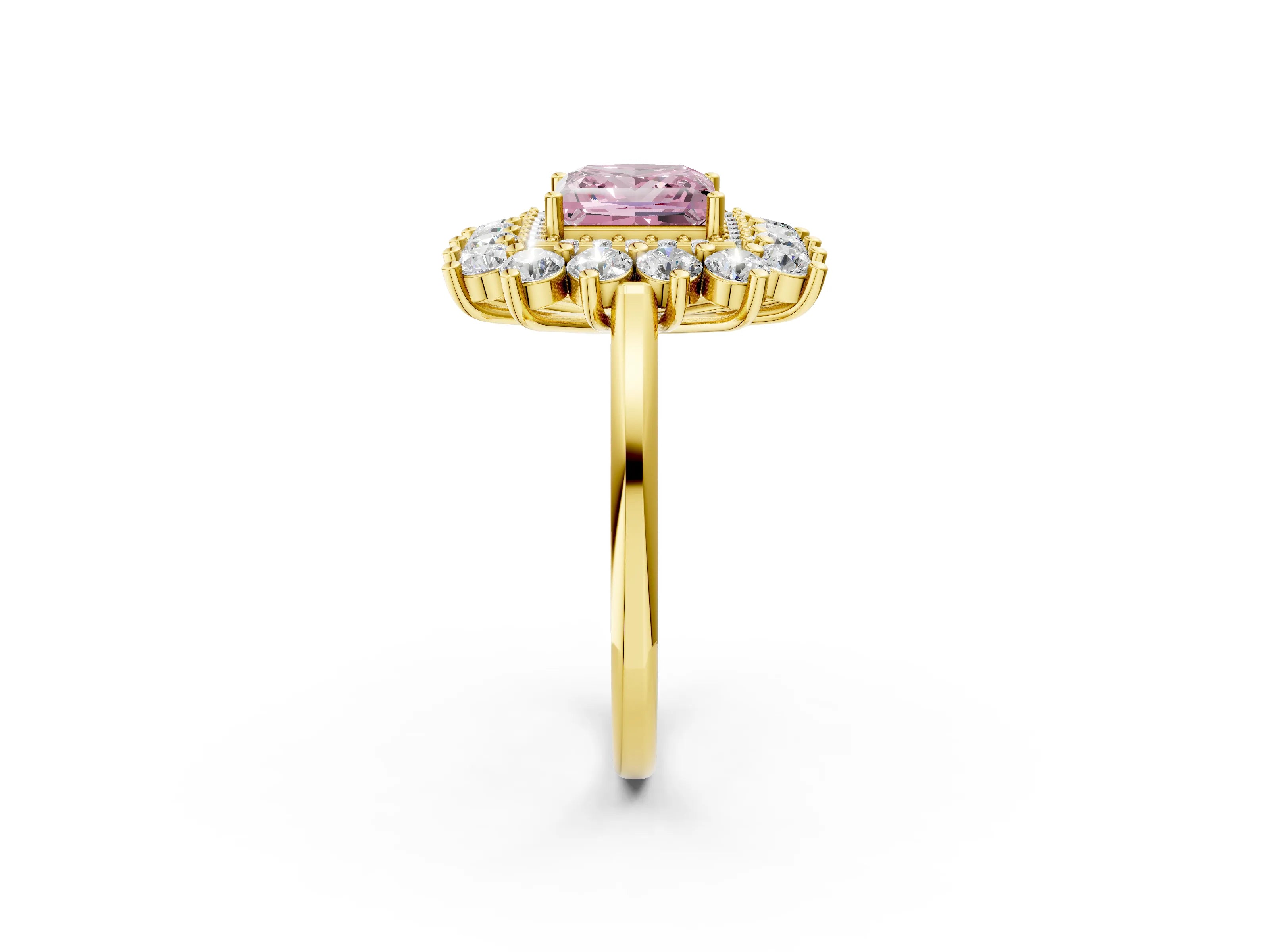 Yellow gold Fancy Pink Princess Cut Halo Cluster Diamond Ring with Pave Band and Four-Prong Setting_2