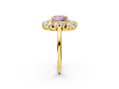 Yellow gold Fancy Pink Princess Cut Halo Cluster Diamond Ring with Pave Band and Four-Prong Setting_2