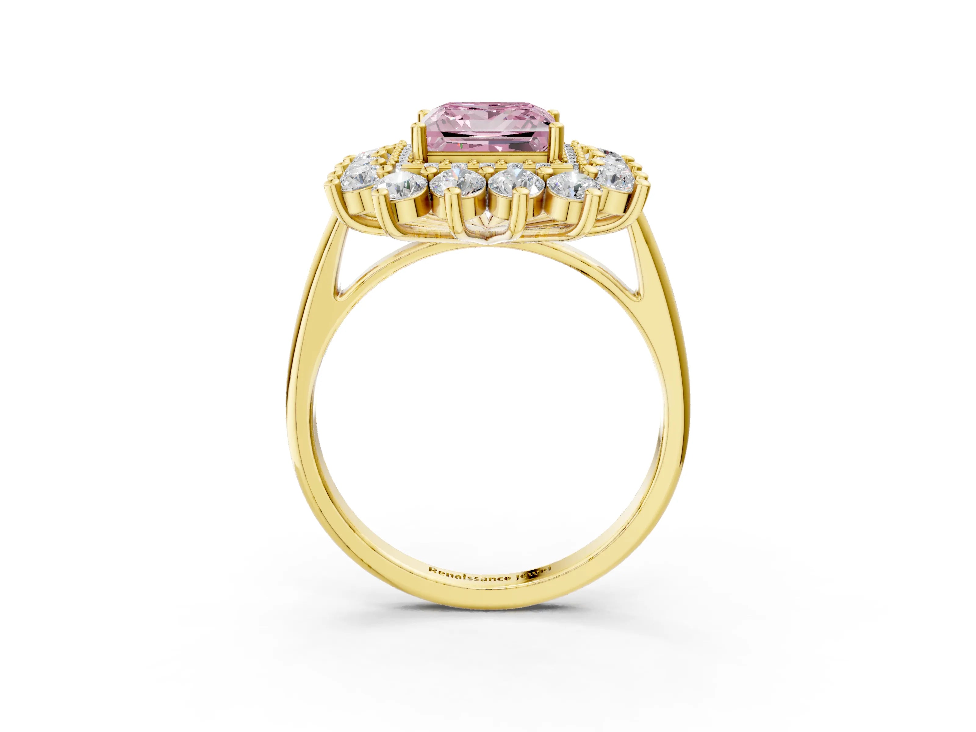 Yellow gold Fancy Pink Princess Cut Halo Cluster Diamond Ring with Pave Band and Four-Prong Setting_3
