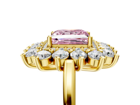 Yellow gold Fancy Pink Princess Cut Halo Cluster Diamond Ring with Pave Band and Four-Prong Setting_5