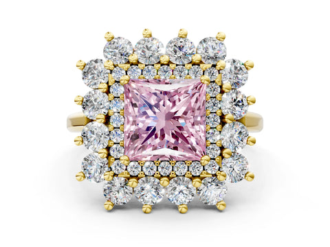 Yellow gold Fancy Pink Princess Cut Halo Cluster Diamond Ring with Pave Band and Four-Prong Setting