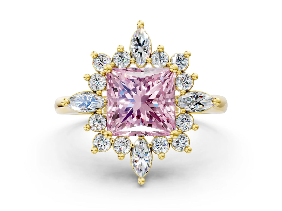 Yellow gold Fancy Pink Princess Cut Halo Diamond Cluster Ring with Marquise and Round Stones on a White Gold Band with Prong Setting