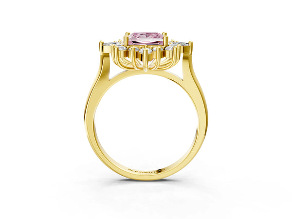 Yellow gold Fancy Pink Princess Cut Starburst Halo Engagement Ring Setting with Marquise and Round Accents