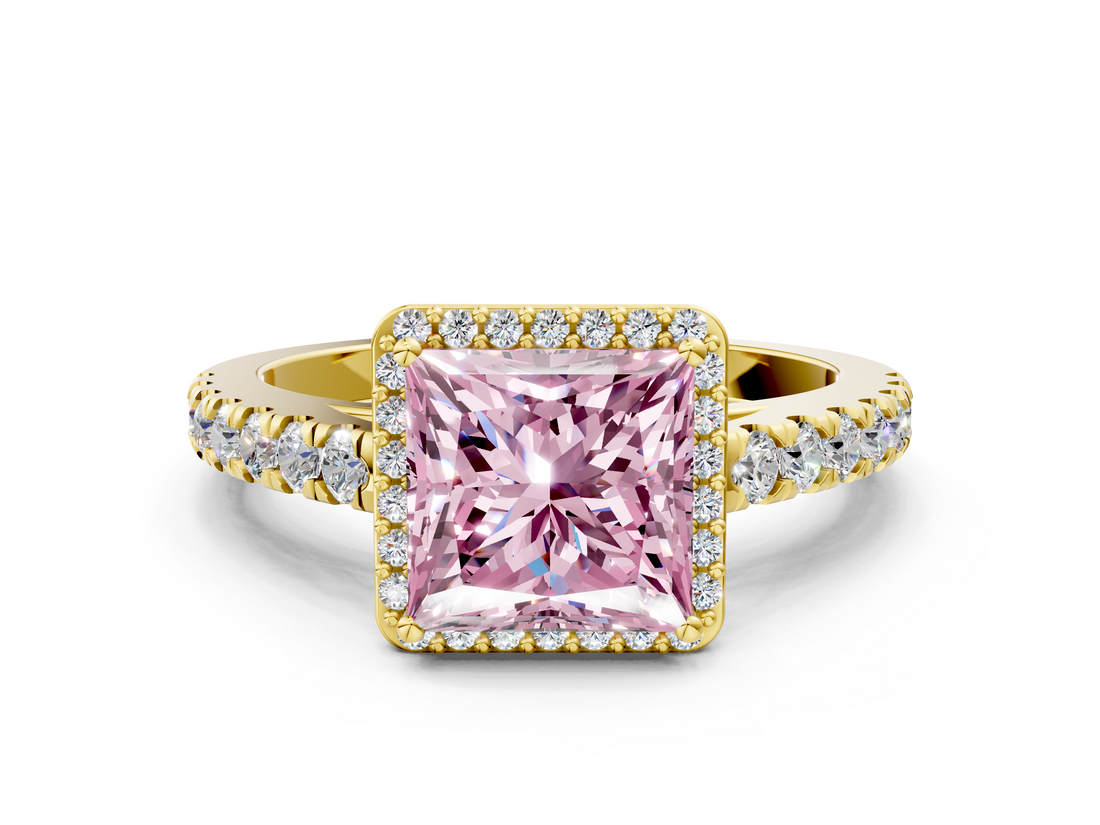 Yellow gold Fancy Pink Princess  Cut Halo Diamond Engagement Ring with Pave Band and Four-Prong Setting