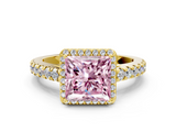 Yellow gold Fancy Pink Princess  Cut Halo Diamond Engagement Ring with Pave Band and Four-Prong Setting